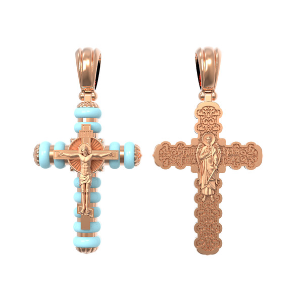 Крест из красного золота 585 пробы c бирюзой