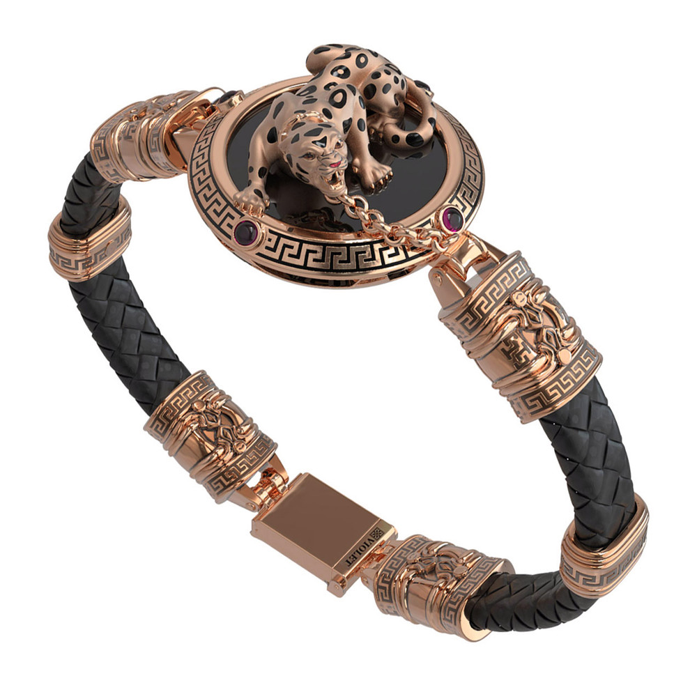 Браслет из красного золота 585 пробы c эмалью, шнурком, ониксом и рубином