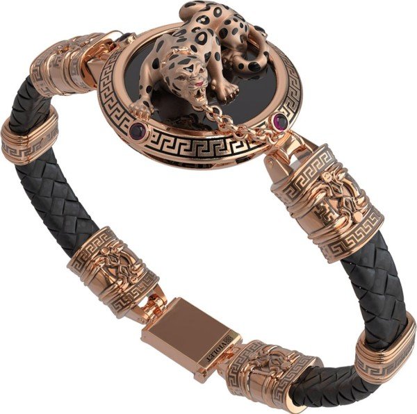 Браслет из золота c эмалью, шнурком, ониксом и рубином