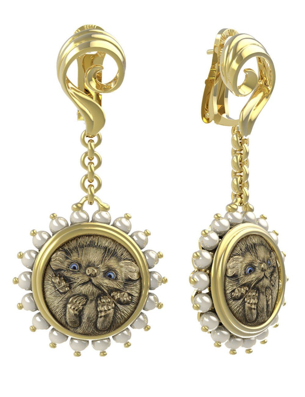 Серьги из лимонного золота c эмалью и жемчугом