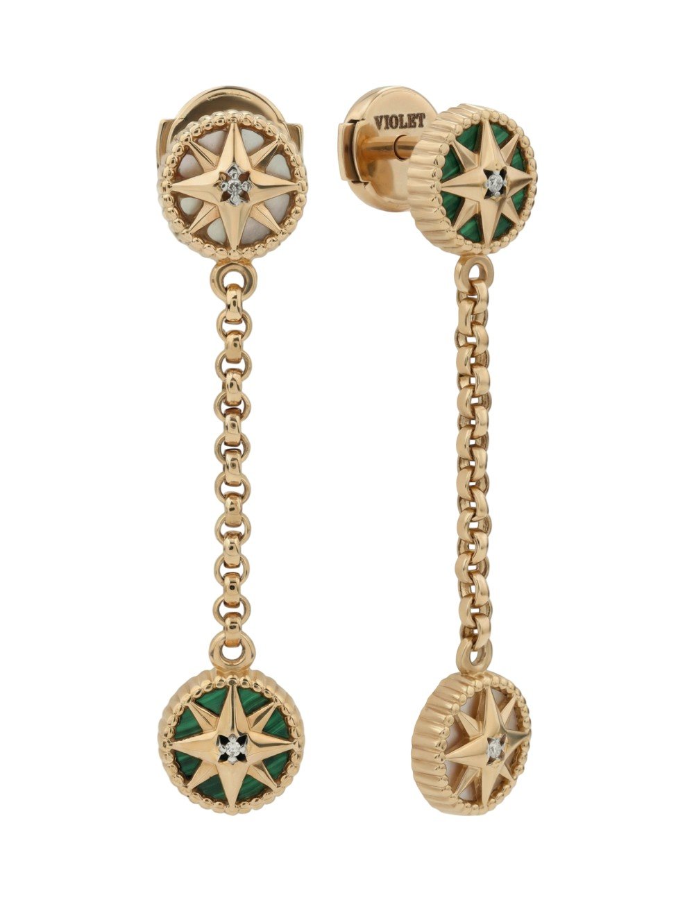 Серьги из золота c бриллиантами, малахитом и перламутром