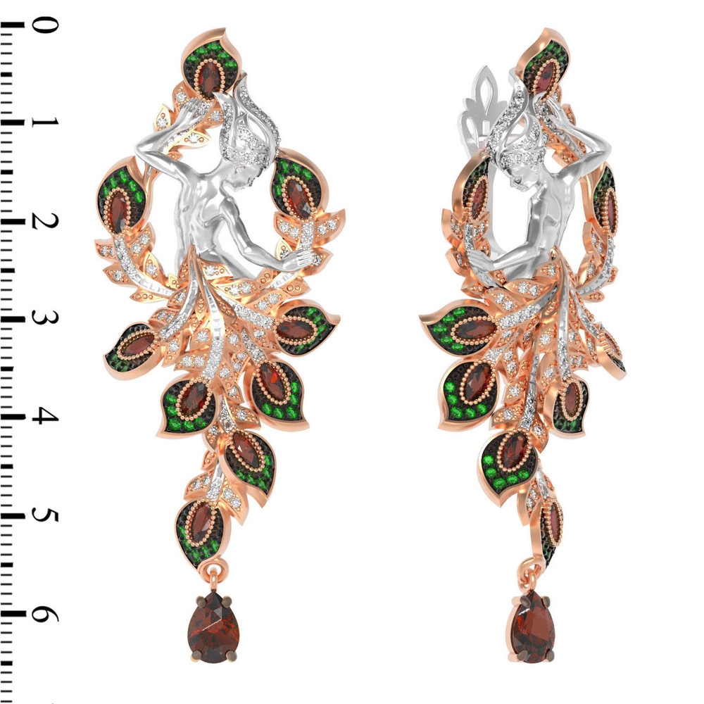 Серьги из красного золота 585 пробы c фианитом и гранатом