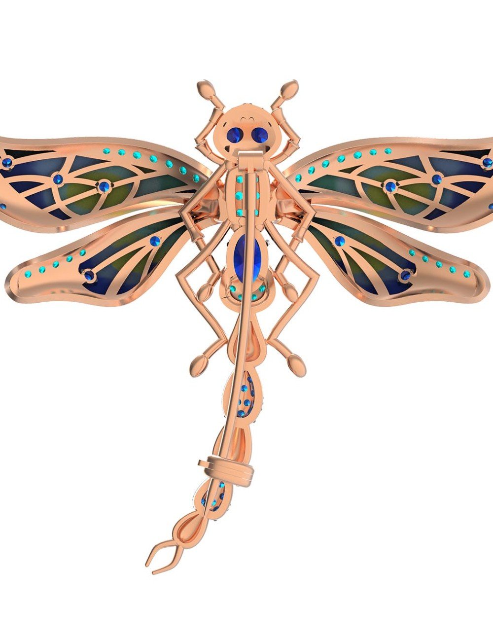 Брошь из золота c фианитом, сапфиром и эмалью