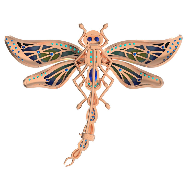 Брошь из красного золота 585 пробы c фианитом, сапфиром и эмалью