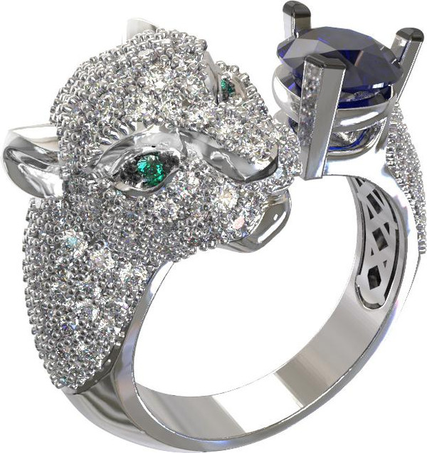 Кольцо из белого золота 585 пробы c бриллиантами, сапфиром и изумрудом