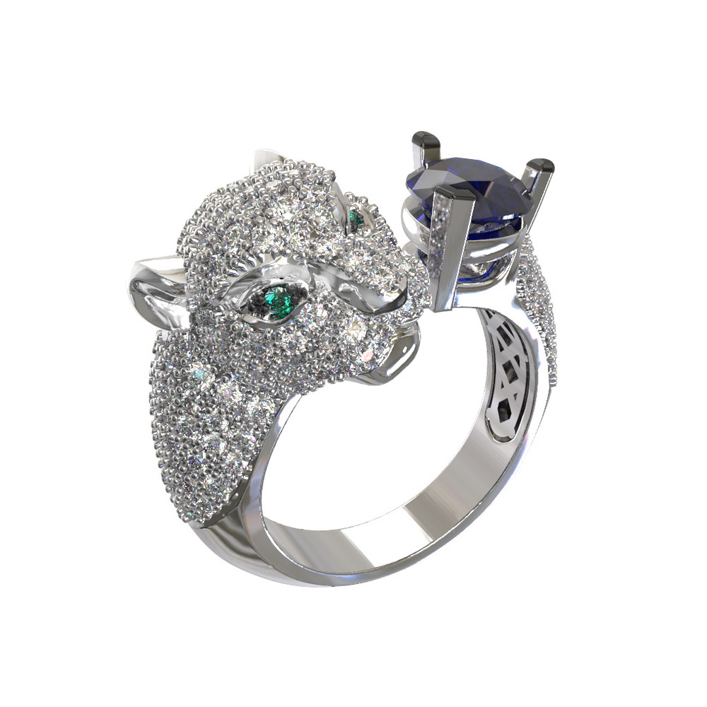 Кольцо из белого золота 585 пробы c бриллиантами, сапфиром и изумрудом