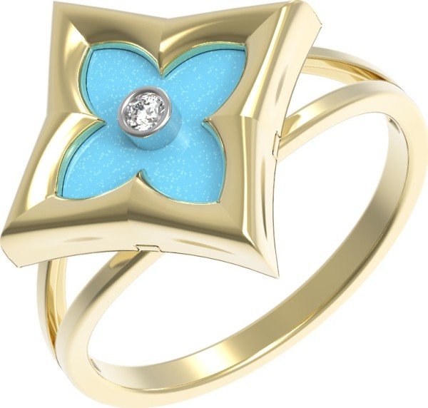 Кольцо из лимонного золота c бриллиантами и бирюзой