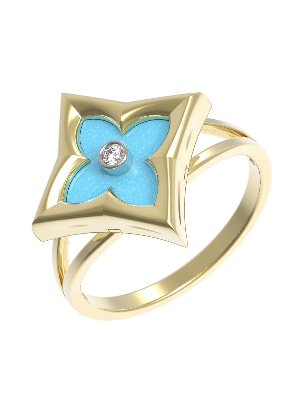 Кольцо из лимонного золота c бриллиантами и бирюзой