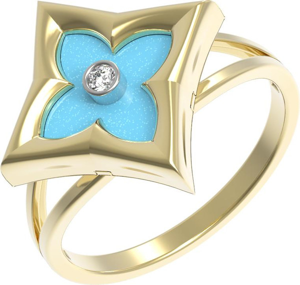 Кольцо из лимонного золота 585 пробы c бриллиантами и бирюзой