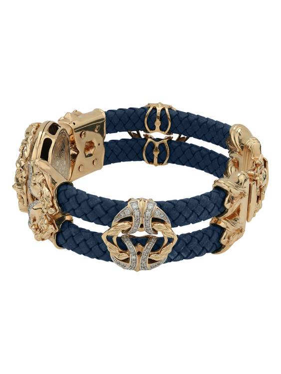 Браслет из красного золота 585 пробы c эмалью, бриллиантами, кожаным шнурком и ониксом