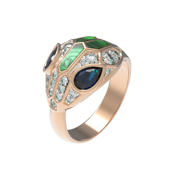 Кольцо из красного золота 585 пробы c бриллиантами, сапфиром и малахитом