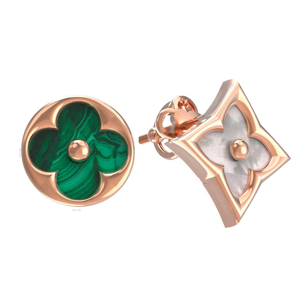 Серьги из красного золота 585 пробы c малахитом и перламутром