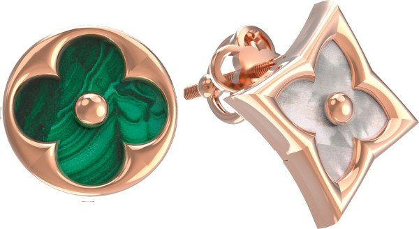 Серьги из золота c малахитом и перламутром