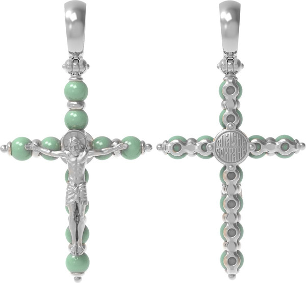 Крест из белого золота 585 пробы c нефритом