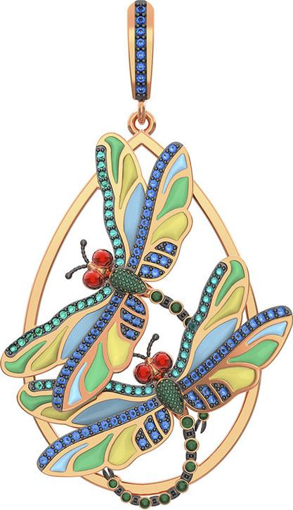 Подвеска из красного золота 585 пробы c сапфиром, изумрудом и эмалью