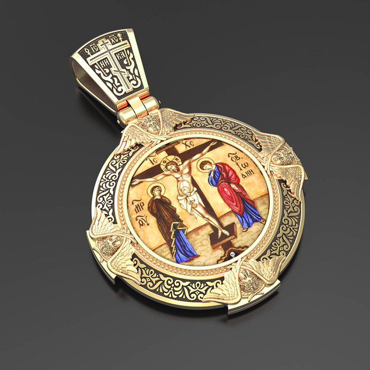 Нательная икона из лимонного золота 585 пробы c эмалью, иконописью и темперой
