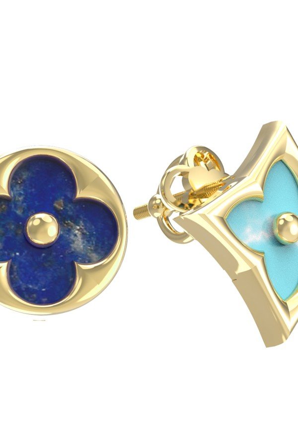 Серьги из лимонного золота c бирюзой и лазуритом