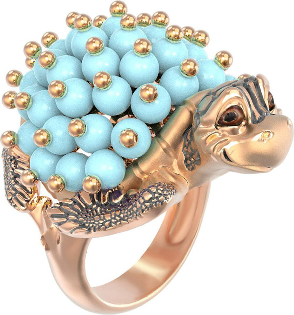 Кольцо из красного золота 585 пробы c эмалью и бирюзой