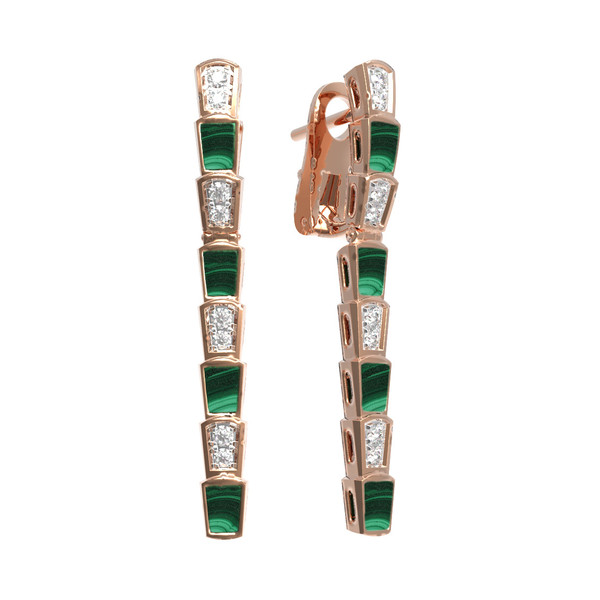 Серьги из красного золота 585 пробы c бриллиантами и малахитом