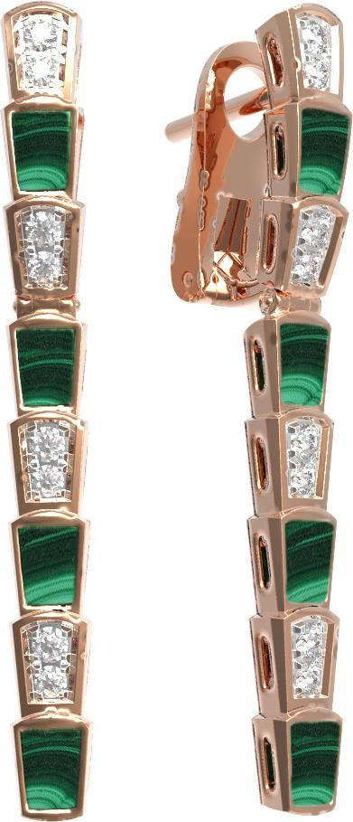 Серьги из красного золота 585 пробы c бриллиантами и малахитом