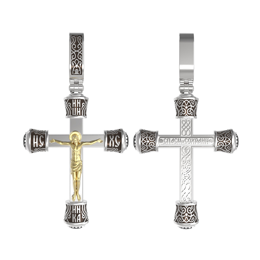 Крест из белого золота 585 пробы c ониксом