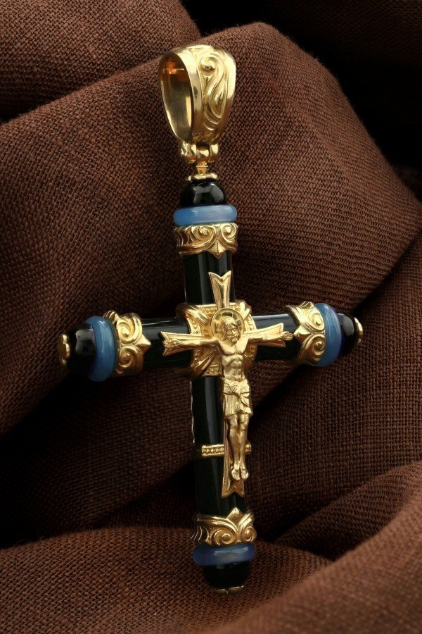 Крест из лимонного золота c ониксом и агатом