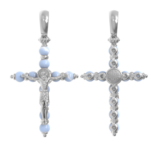 Крест из белого золота 585 пробы c агатом