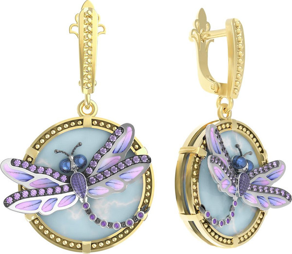 Серьги из лимонного золота 585 пробы c бирюзой, аметистом и эмалью