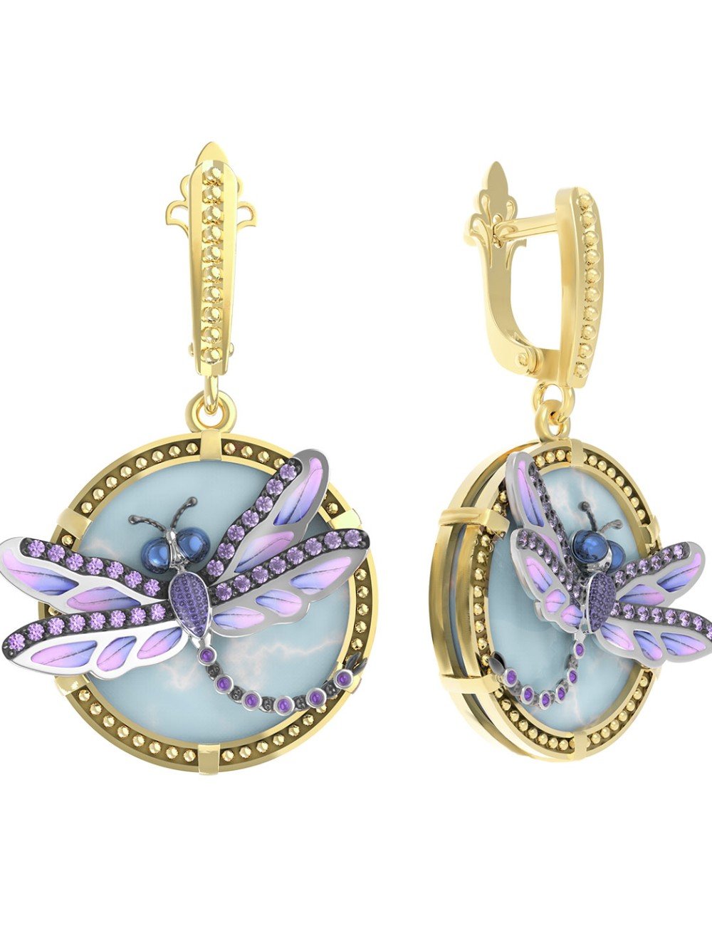 Серьги из лимонного золота c бирюзой, аметистом и эмалью