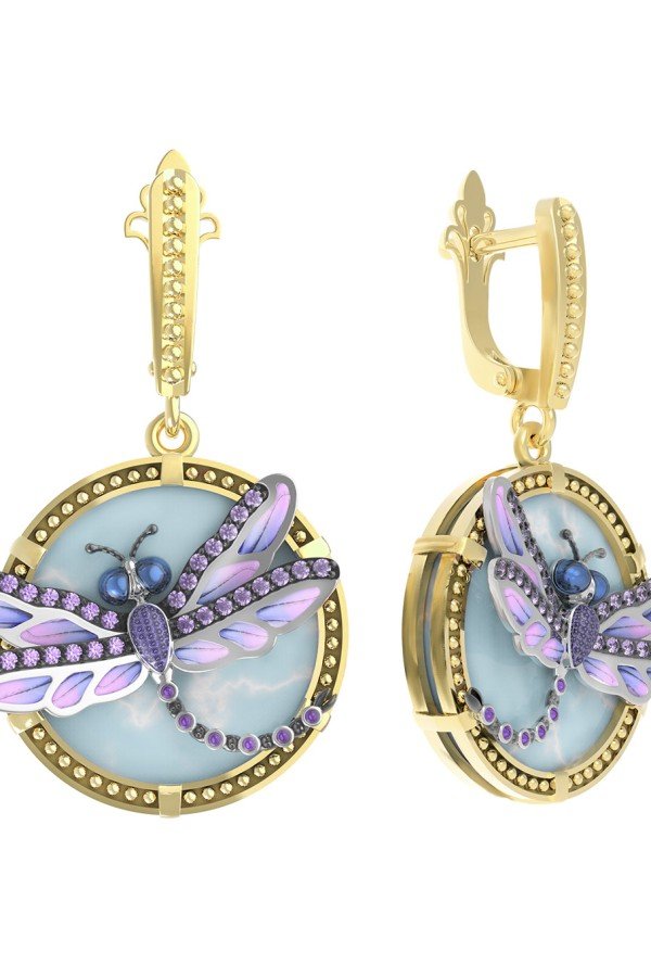 Серьги из лимонного золота c бирюзой, аметистом и эмалью