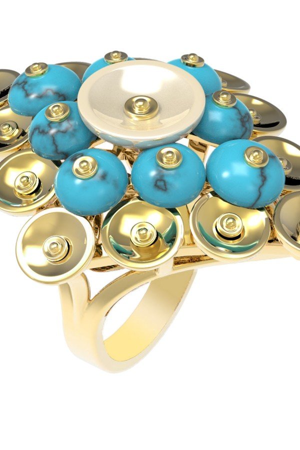Кольцо из лимонного золота c бирюзой и перламутром