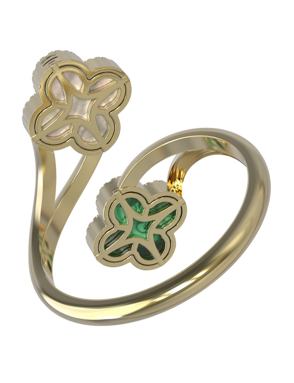 Кольцо из лимонного золота c бриллиантами, малахитом и перламутром