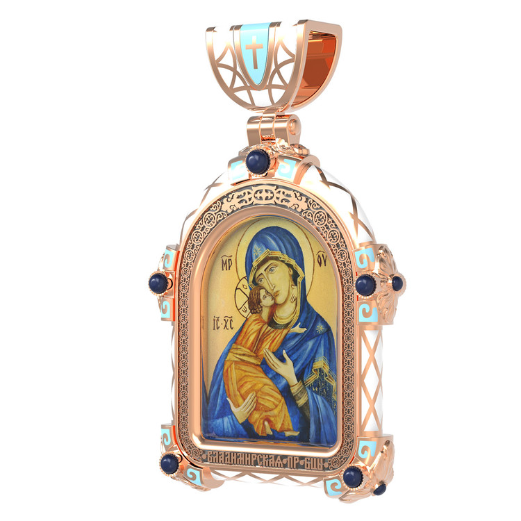 Нательная икона из красного золота 585 пробы c эмалью, иконописью и темперой