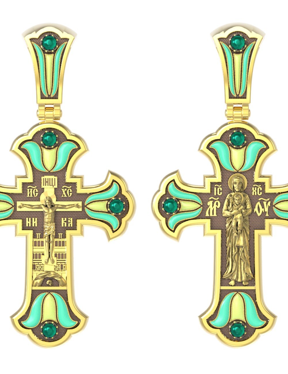 Крест из лимонного золота c эмалью и хризопразом
