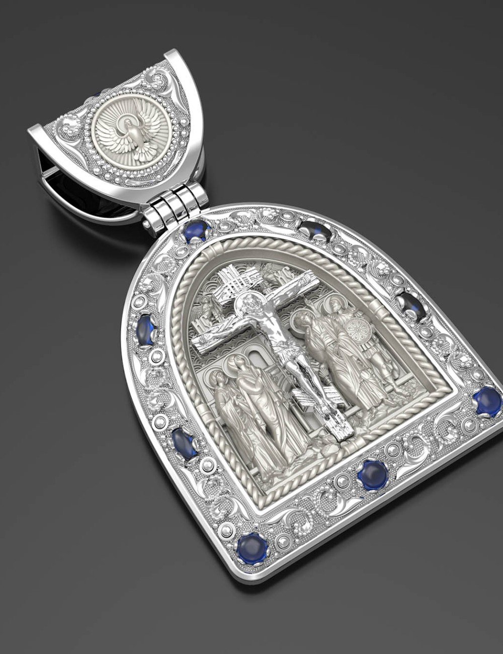 Образок из белого золота c эмалью, сапфиром и бивнем мамонта