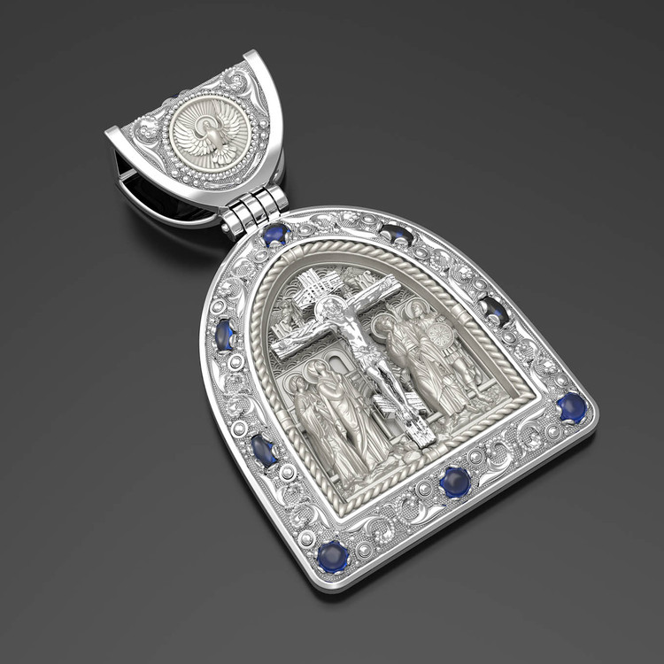 Нательная икона из белого золота 585 пробы c эмалью, сапфиром и бивнем мамонта