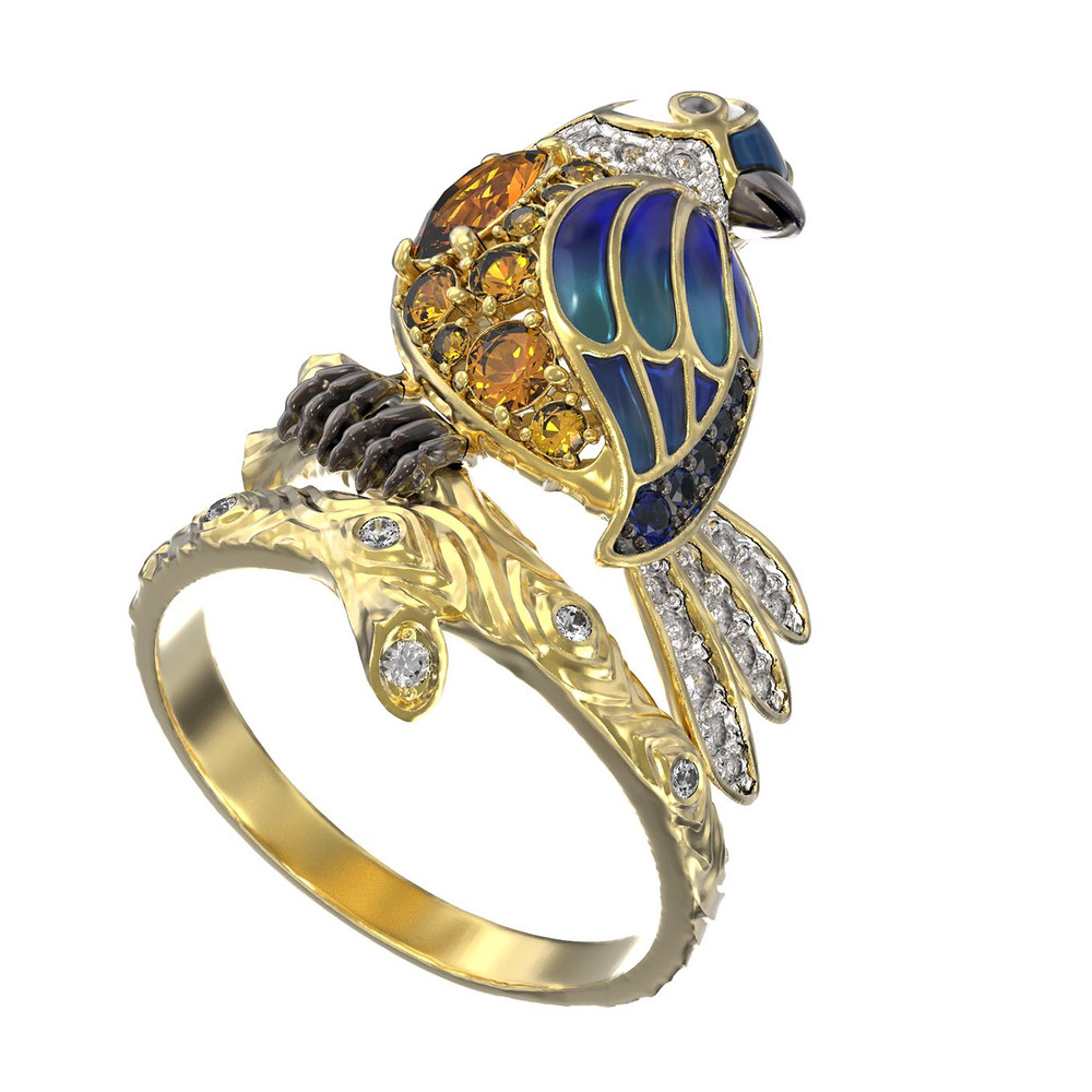 Кольцо из лимонного золота 585 пробы c эмалью, фианитом, цитрином и сапфиром