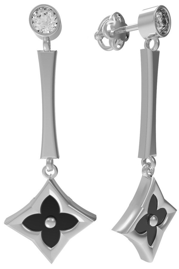 Серьги из белого золота c фианитом и ониксом