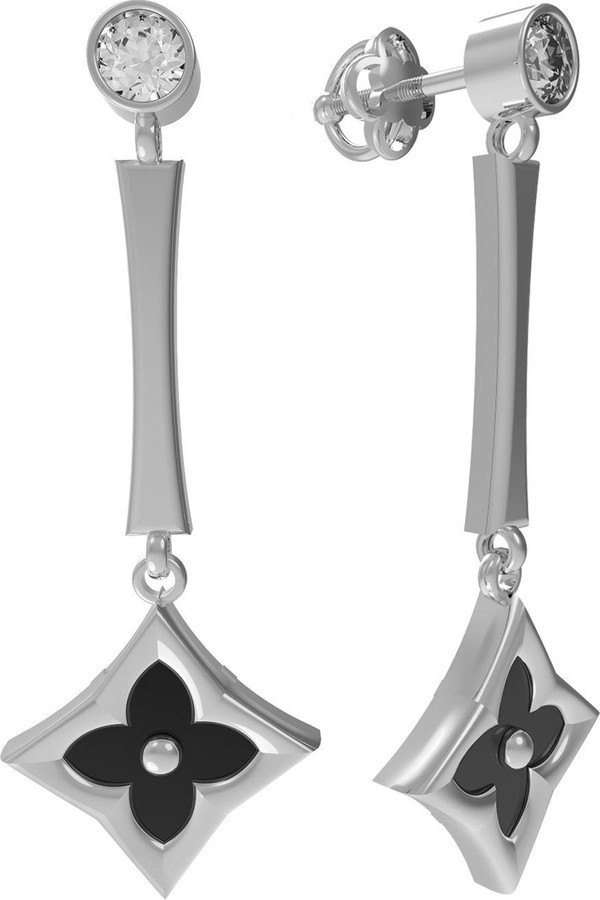 Серьги из белого золота 585 пробы c фианитом и ониксом