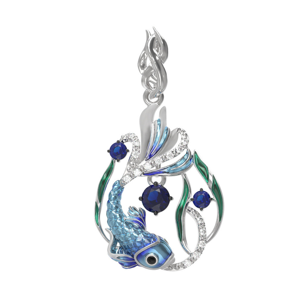 Подвеска из белого золота 585 пробы c эмалью, фианитом и сапфиром