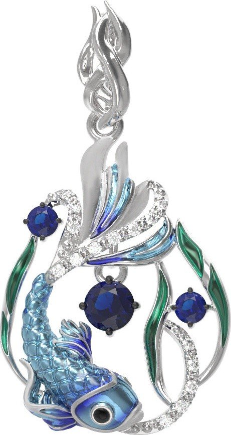 Подвеска из белого золота c эмалью, фианитом и сапфиром