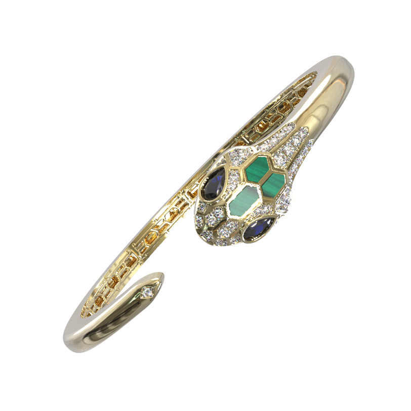 Браслет из лимонного золота 585 пробы c бриллиантами, сапфиром и малахитом