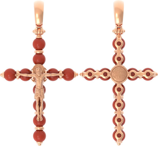 Крест из красного золота 585 пробы c кораллом