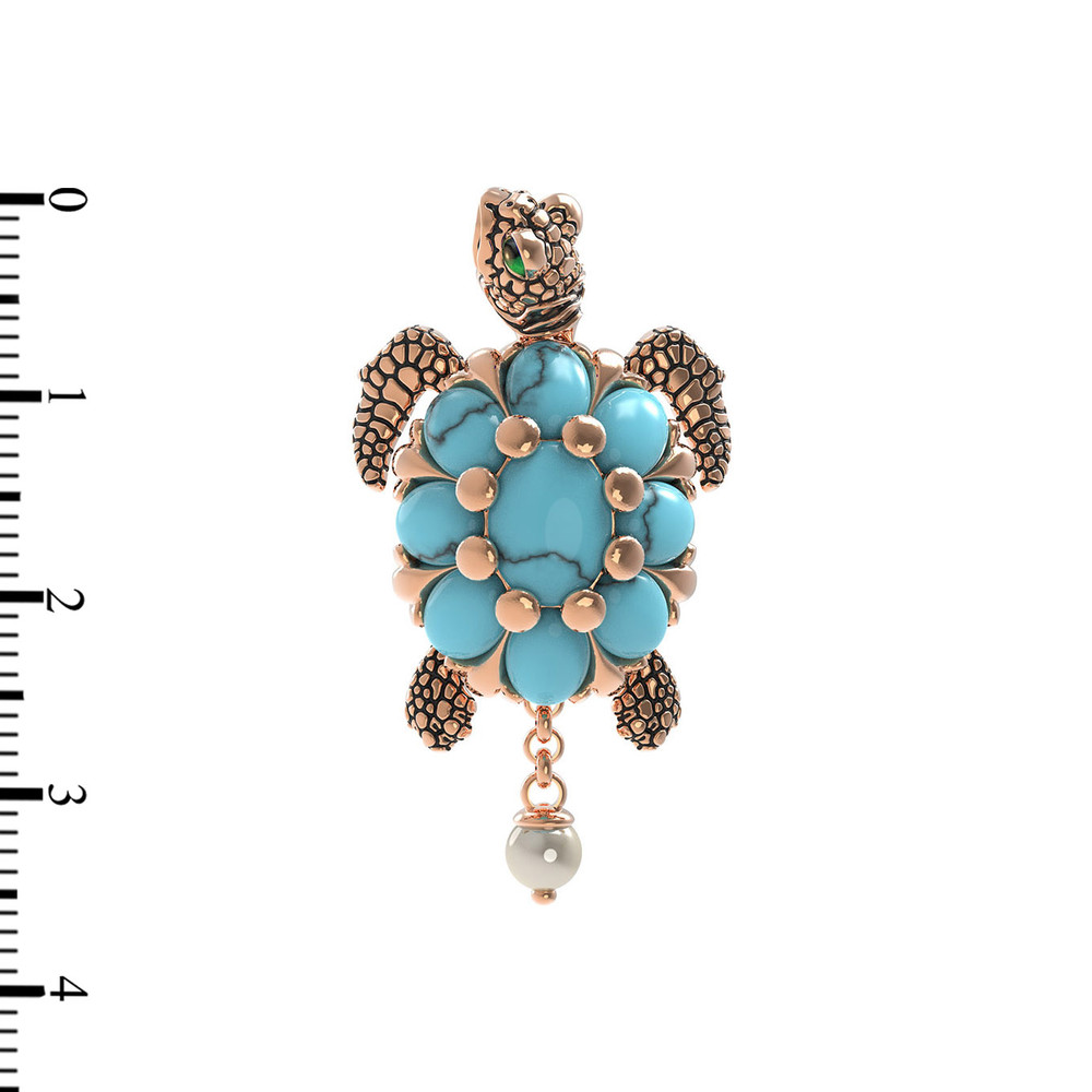 Подвеска из красного золота 585 пробы c эмалью, жемчугом и бирюзой
