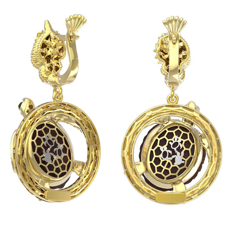 Серьги из лимонного золота 585 пробы c эмалью и железным деревом