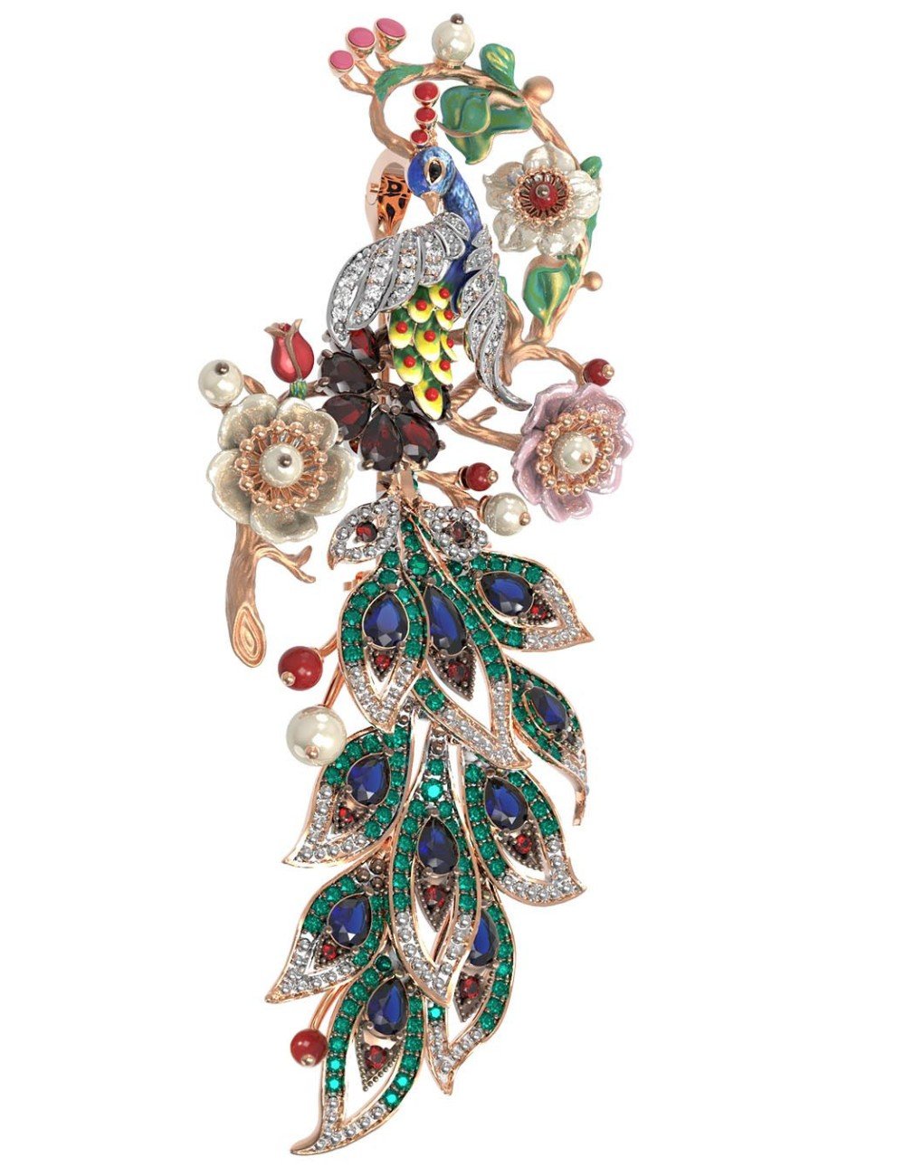 Брошь из золота c эмалью, фианитом, гранатом, жемчугом, сапфиром, кораллом и перламутром