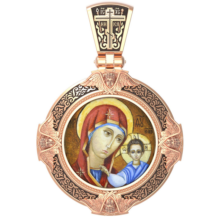Нательная икона из красного золота 585 пробы c эмалью, иконописью и темперой