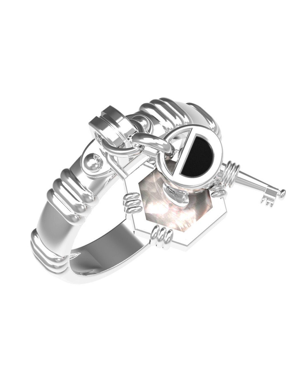 Кольцо из белого золота c ониксом и перламутром