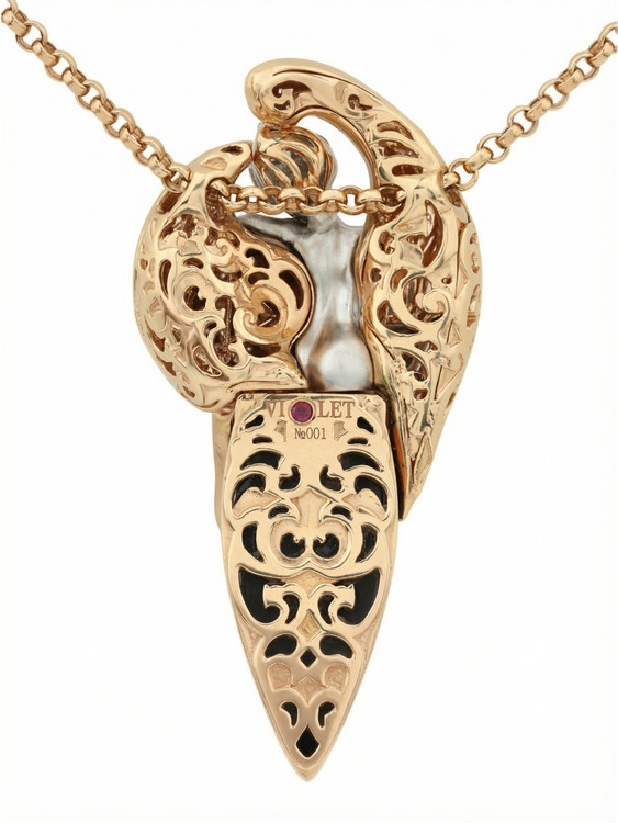 Колье из красного золота 585 пробы c эмалью, бриллиантами, рубином, ониксом и рубином