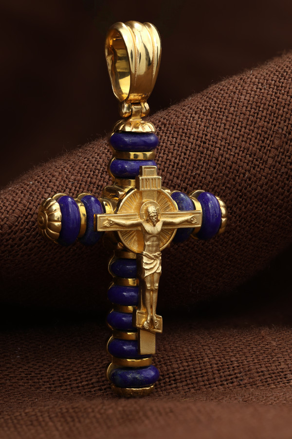 Крест из лимонного золота 585 пробы c лазуритом